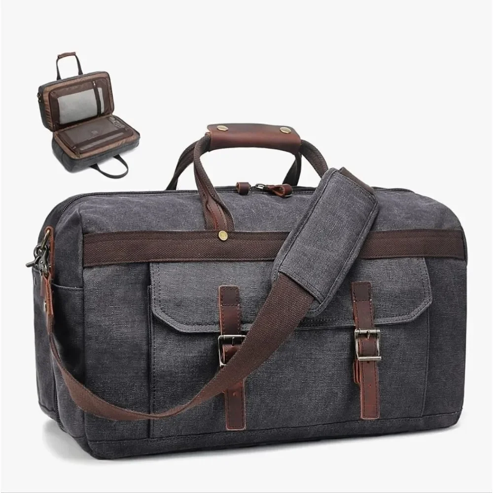 SOAEON Waterproof Genuine Leather Canvas Travel Duffel Weekender Bag Gray Brown